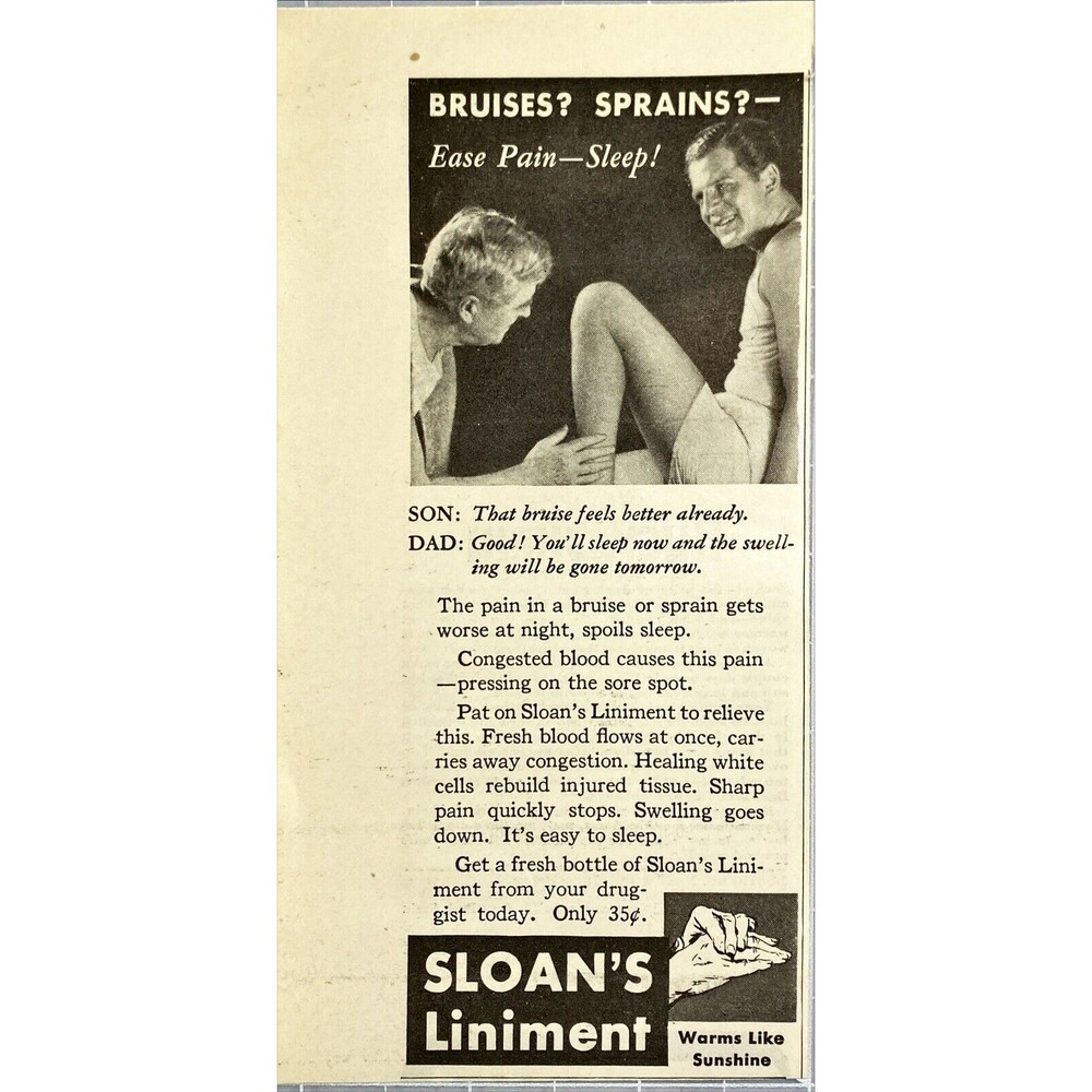 Sloan's Liniment "Bruises? Sprains? - Ease Pain_Sleep!" Vintage Print Ad 1931